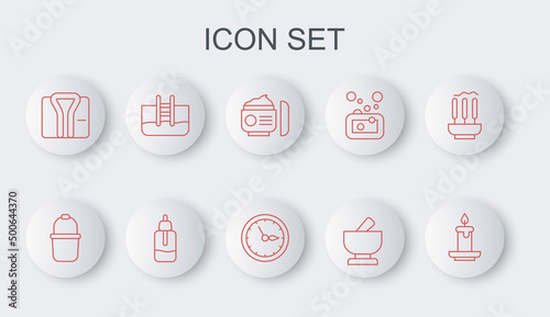 Set line Aroma candle, Sauna bucket, Cream or lotion cosmetic tube, Mortar pestle, Bathrobe, Swimming pool with ladder, Essential oil bottle and clock icon. Vector