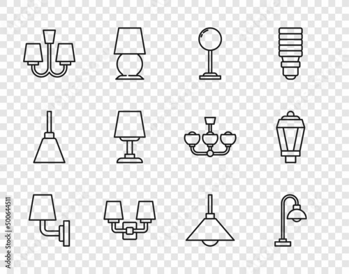 Set line Wall lamp or sconce, Floor, Chandelier, Table, Lamp hanging and Garden light icon. Vector