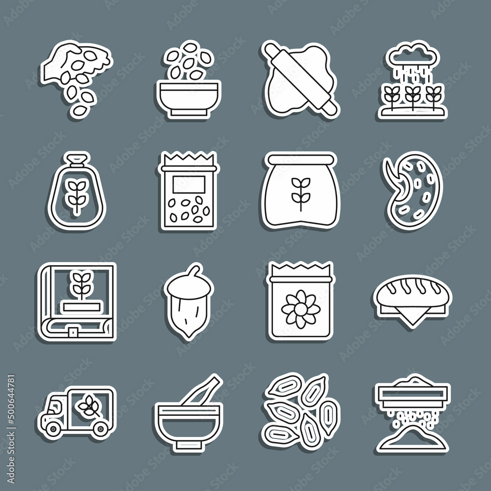 Set line Sifting flour, Bread loaf, Seed, Rolling pin on dough, Pack full of seeds of plant, Bag, and icon. Vector