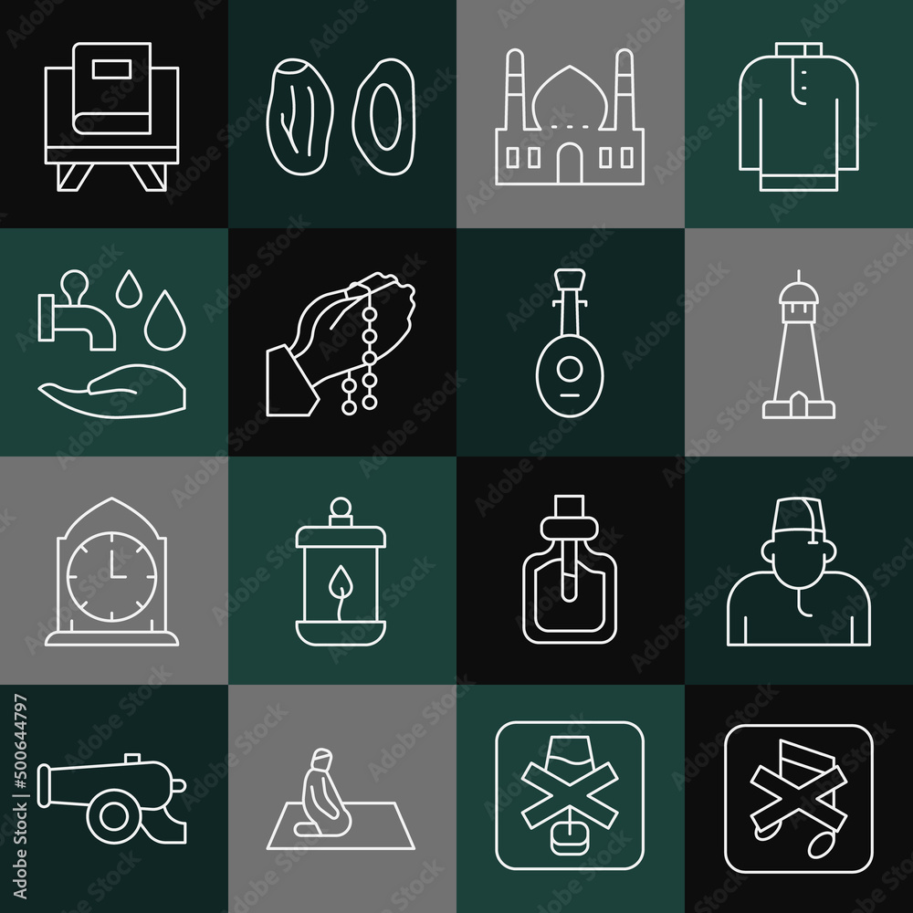 Set line Speaker mute, Muslim man, Mosque tower or minaret, Hands praying position, Wudhu, Holy book of Koran and Lute icon. Vector Set line Speaker mute, Muslim man, Mosque tower or minaret, Hands praying position, Wudhu, Holy book of Koran and Lute icon. Vector