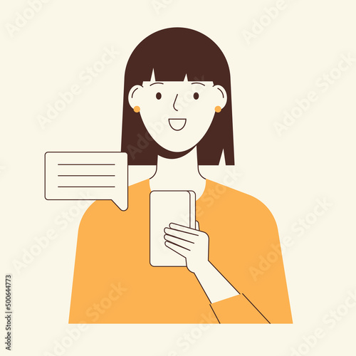 Happy and excited girl is chatting on the phone. Minimalist flat vector illustration.