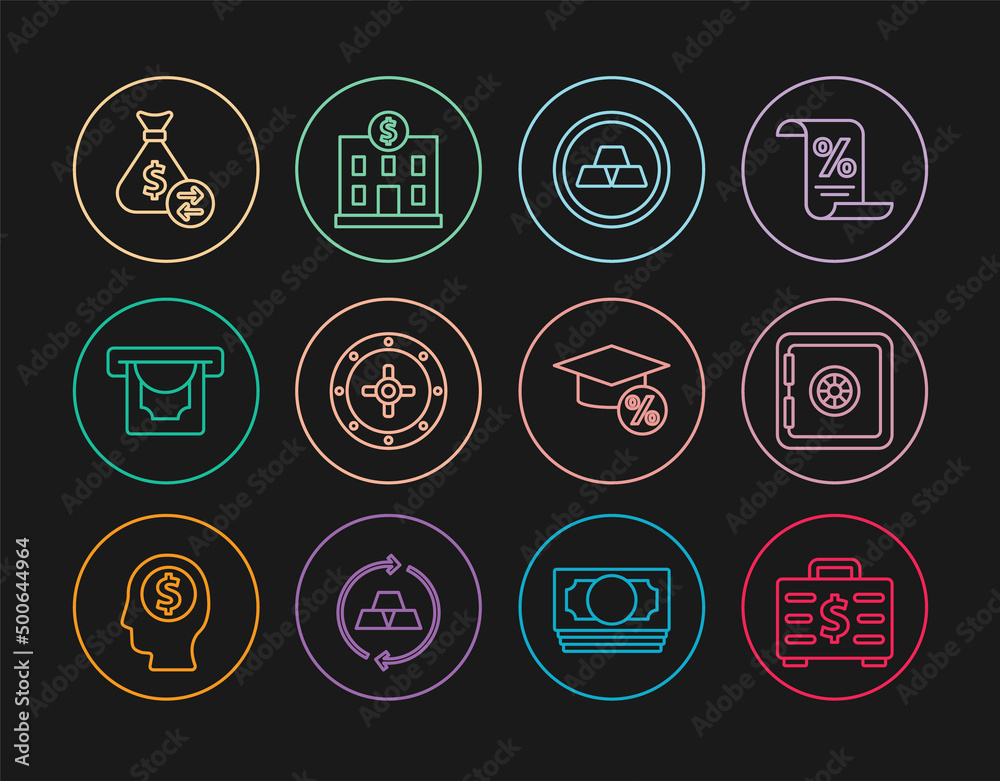 Set line Briefcase and money, Safe, Gold bars, ATM, Money bag, Graduation cap coin and Bank building icon. Vector