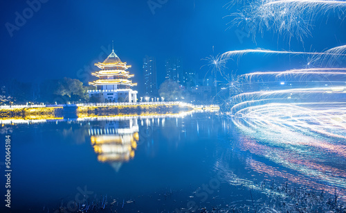 Night view of Zhuangyuanzhou in Lujiang River, Liling, Hunan Province, China