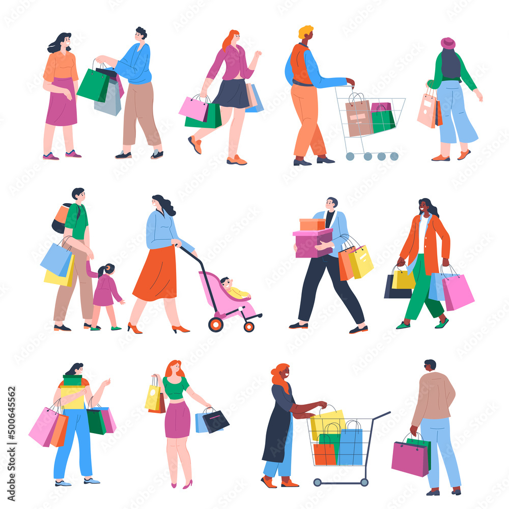 Shopping people with bags, hobby or leisure time