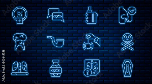 Set line Death from smoking, Bones and skull, Electronic cigarette, No pipe, Tooth with caries, Stop money saving, Hypnosis and icon. Vector