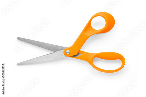 Orange Handheld Scissors Open Isolated on White Background photo