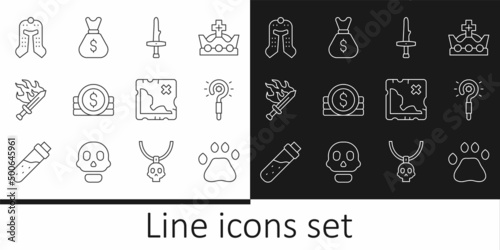 Set line Bear paw footprint, Magic wand, Dagger, Ancient coin, Sword for game, Medieval helmet, Pirate treasure map and Old money bag icon. Vector