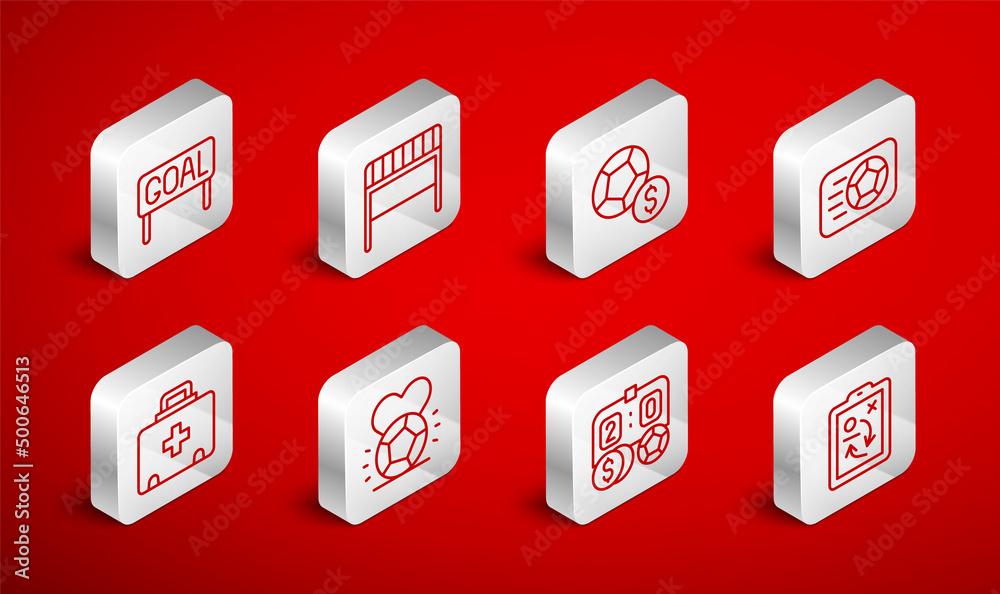 Set line Planning strategy concept, Football goal, Soccer football, betting money, Goal soccer, and First aid kit icon. Vector Set line Planning strategy concept, Football goal, Soccer football, betting money, Goal soccer, and First aid kit icon. Vector