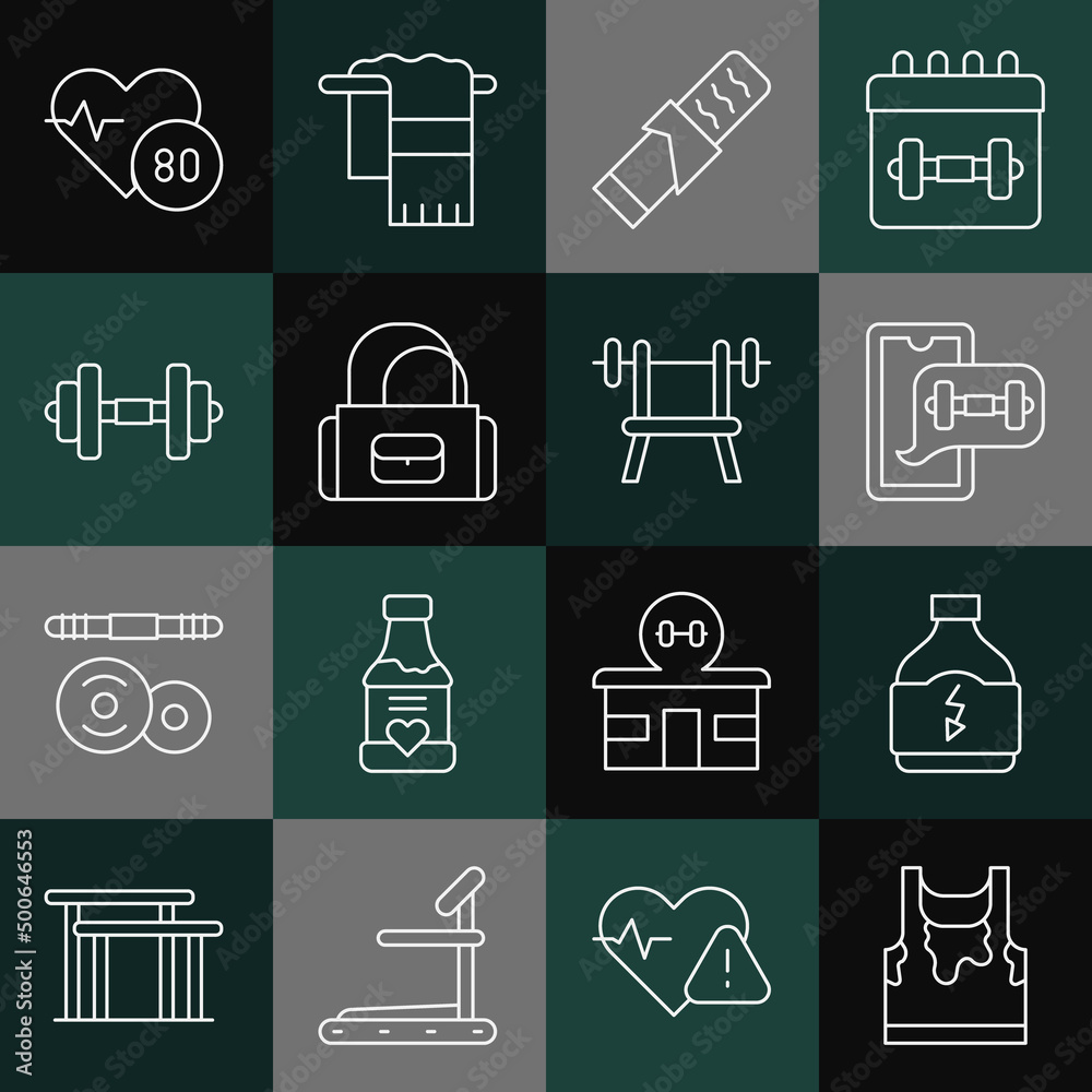 Set line Sweaty sleeveless t-shirt, Sports nutrition, Fitness app, Protein sport bar, bag, Dumbbell, Heart rate and Bench with barbell icon. Vector Set line Sweaty sleeveless t-shirt, Sports nutrition, Fitness app, Protein sport bar, bag, Dumbbell, Heart rate and Bench with barbell icon. Vector