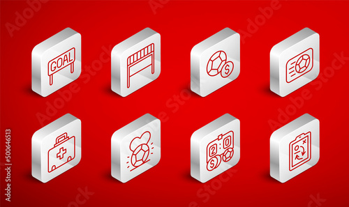 Set line Planning strategy concept, Football goal, Soccer football, betting money, Goal soccer, and First aid kit icon. Vector