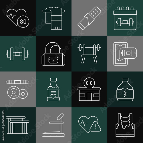 Set line Sweaty sleeveless t-shirt, Sports nutrition, Fitness app, Protein sport bar, bag, Dumbbell, Heart rate and Bench with barbell icon. Vector