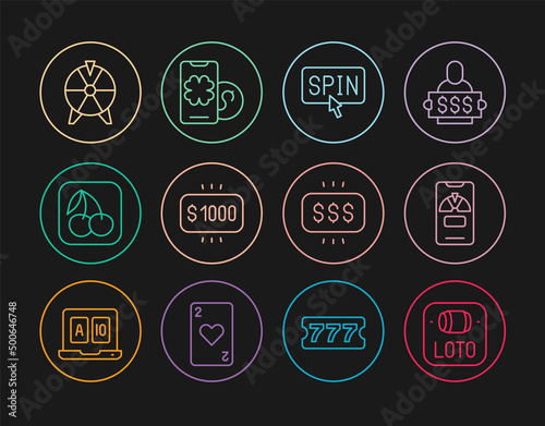 Set line Lottery ticket, Lucky wheel on phone, Slot machine spin button, Money prize casino, with cherry, and Online poker table game icon. Vector
