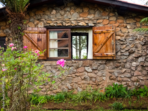 Monte Verde  Minas Gerais  Brasil - April 22 2022  traditional stone housing with wooden window 