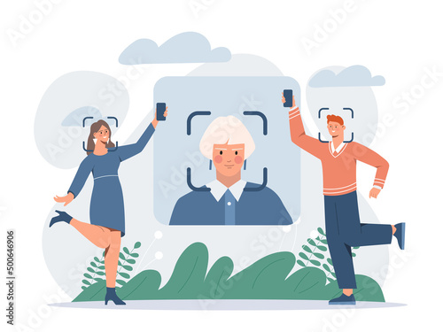 Face ID concept. Modern security tools for personal data and search for criminals. Man and girl with smartphones in hands. Modern technologies and innovations. Cartoon flat vector illustration