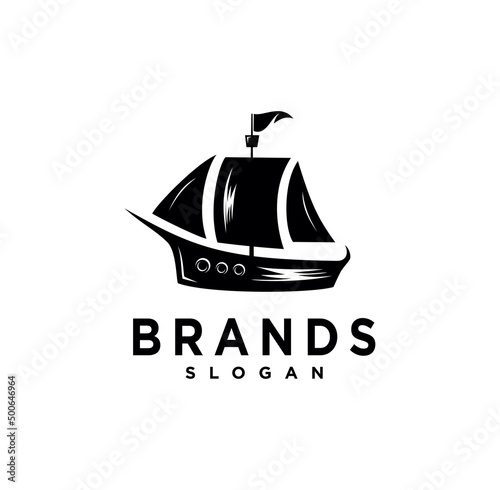 Fototapet Vintage Ancient Pirate Sailboat logo design vintage black silhouette
