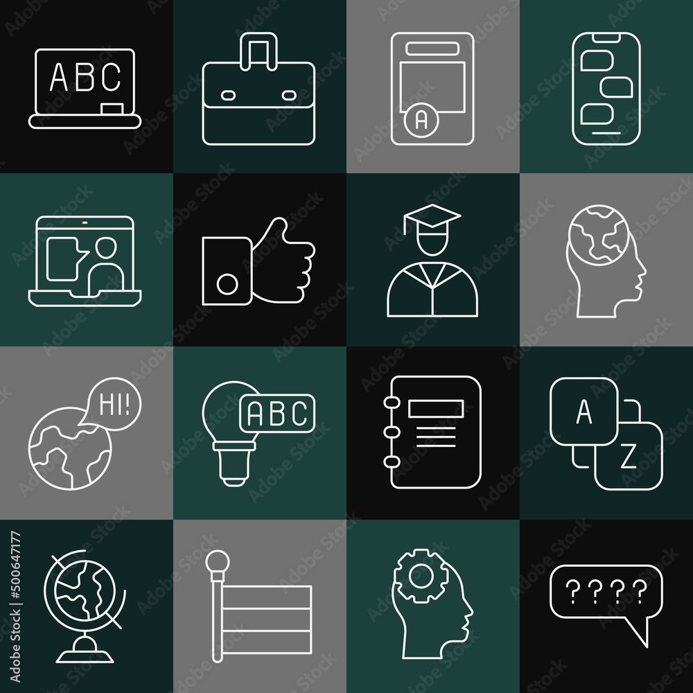 Set line Speech bubbles with Question, Vocabulary, Learning foreign languages, Exam sheet A plus grade, Hand like, Foreign online study, Chalkboard and Graduate graduation cap icon. Vector Set line Speech bubbles with Question, Vocabulary, Learning foreign languages, Exam sheet A plus grade, Hand like, Foreign online study, Chalkboard and Graduate graduation cap icon. Vector