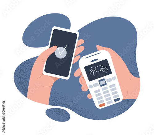 Contactless payment concept. Smartphone attached to terminal, convenient service in store. Modern technologies and digital world, banking cashless transactions. Cartoon flat vector illustration
