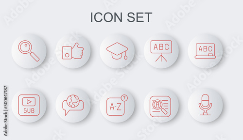 Set line Microphone voice device, Video with subtitles, Graduation cap, Translator, Magnifying glass, Hand like, Learning foreign languages and Online translator icon. Vector