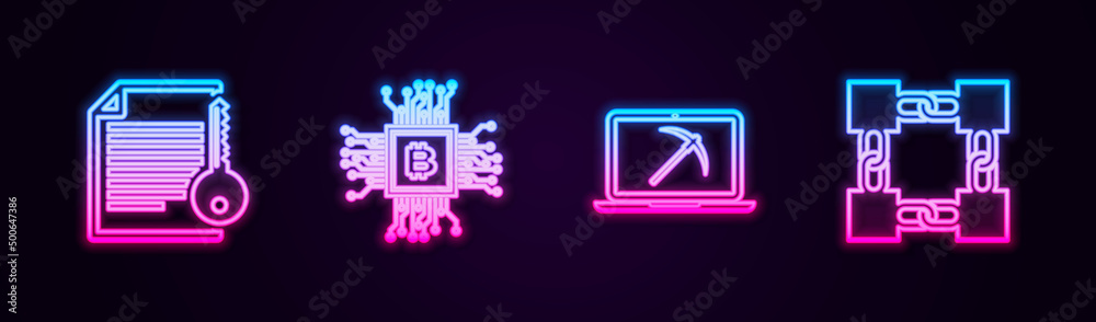 Set line Smart contract, CPU mining farm, Mining with laptop and pickaxe and Blockchain technology. Glowing neon icon. Vector Set line Smart contract, CPU mining farm, Mining with laptop and pickaxe and Blockchain technology. Glowing neon icon. Vector