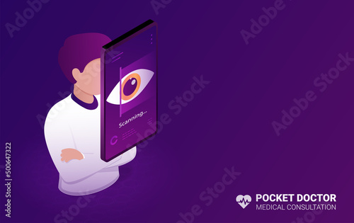 Pocket doctor concept. App for diagnosing and choosing treatment method. Man on smartphone scans pupil, eye examination, modern technology and digital world. Cartoon isometric vector illustration