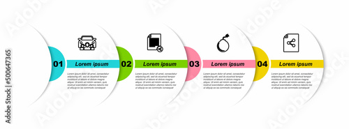 Set line Car sharing, Share file, Bomb ready to explode and . Business infographic template. Vector