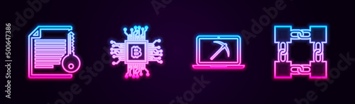 Set line Smart contract, CPU mining farm, Mining with laptop and pickaxe and Blockchain technology. Glowing neon icon. Vector