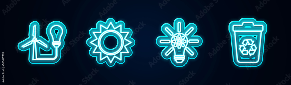 Set line Light bulb with wind turbine, Sun, gear and Recycle recycle. Glowing neon icon. Vector Set line Light bulb with wind turbine, Sun, gear and Recycle recycle. Glowing neon icon. Vector