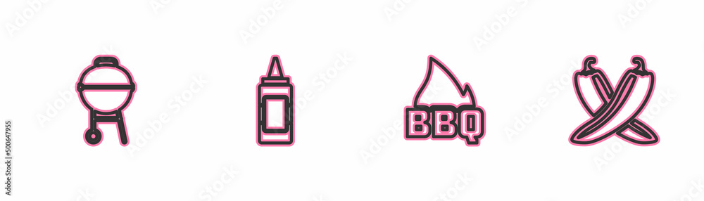 Set line Barbecue grill, fire flame, Mustard bottle and Crossed hot chili pepper pod icon. Vector Set line Barbecue grill, fire flame, Mustard bottle and Crossed hot chili pepper pod icon. Vector