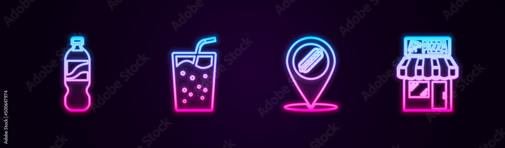Set line Bottle of water, Glass with, Location hotdog and Pizzeria building facade. Glowing neon icon. Vector Set line Bottle of water, Glass with, Location hotdog and Pizzeria building facade. Glowing neon icon. Vector