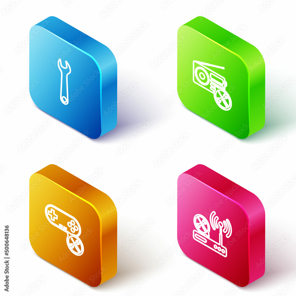 Set Isometric line Wrench, Radio service, Gamepad and Router wi-fi icon. Vector Set Isometric line Wrench, Radio service, Gamepad and Router wi-fi icon. Vector