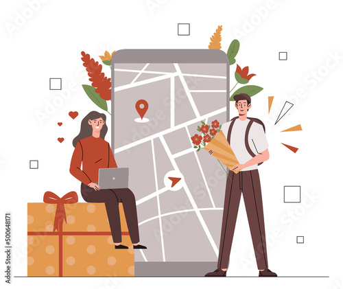 Delivering flowers concept. Man with backpack on his back brings bouquet to girl, characters on background of map. Modern service and logistics, online shopping. Cartoon flat vector illustration