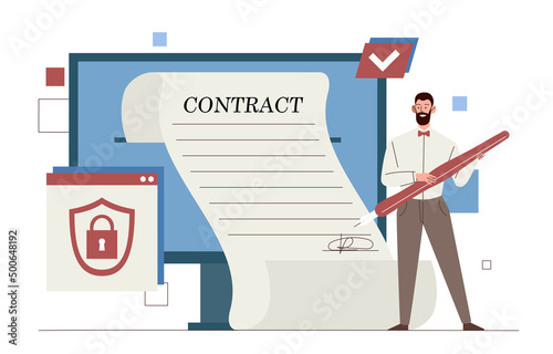 Electronic contract concept. Man stands with pen near paper on screen. Successful negotiations, businessman makes deal, employee signs contract, internet security. Cartoon flat vector illustration