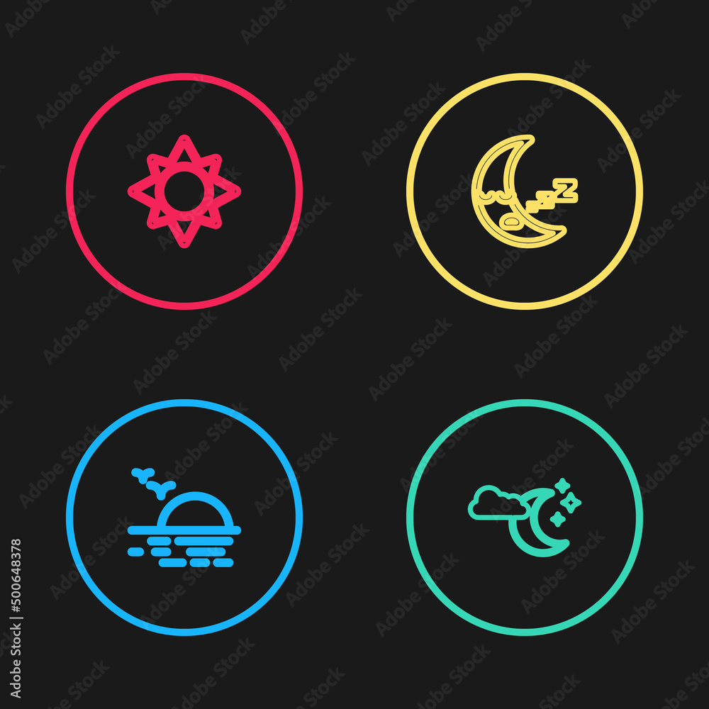 Set line Sunset, Cloud with moon and stars, Moon icon and icon. Vector Set line Sunset, Cloud with moon and stars, Moon icon and icon. Vector
