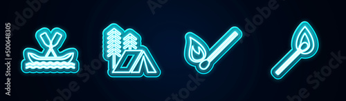 Set line Rafting boat, Tourist tent, Burning match with fire and . Glowing neon icon. Vector