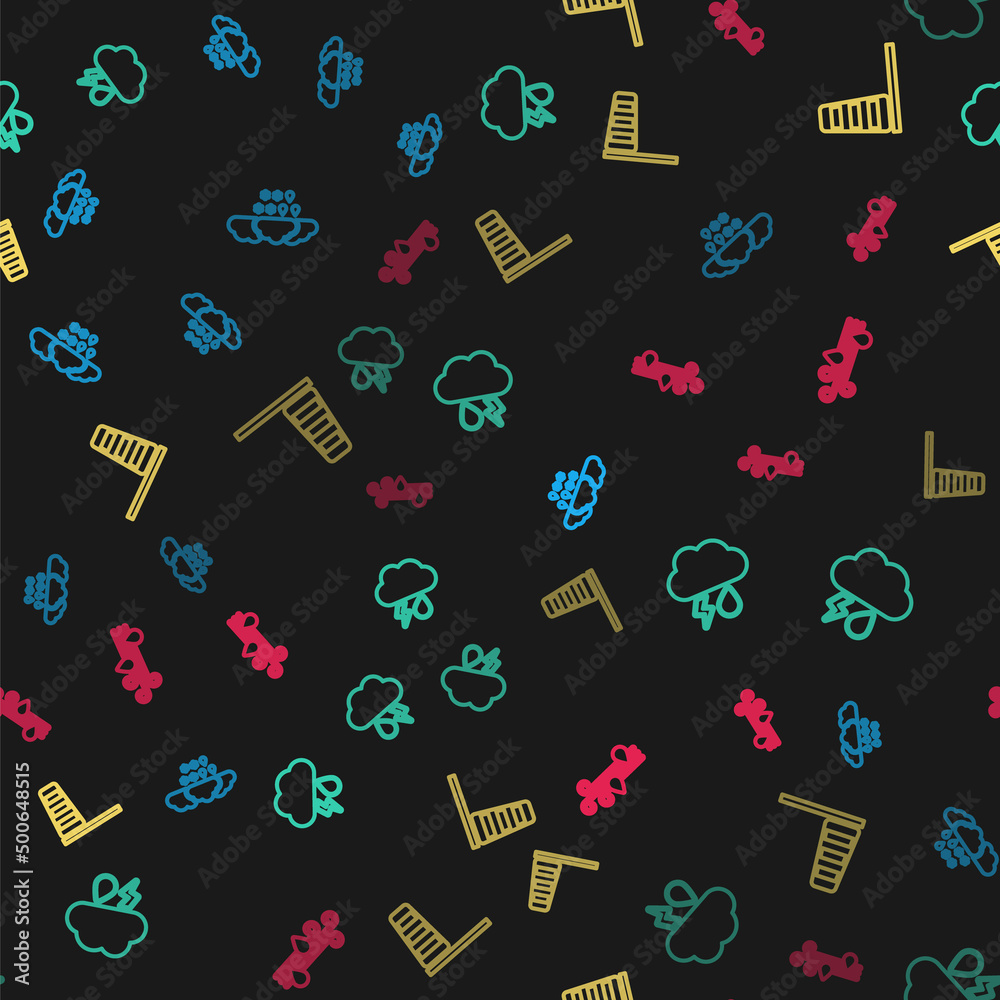 Set line Cloud with snow and rain, lightning, Cone windsock wind vane and Wind on seamless pattern. Vector Set line Cloud with snow and rain, lightning, Cone windsock wind vane and Wind on seamless pattern. Vector