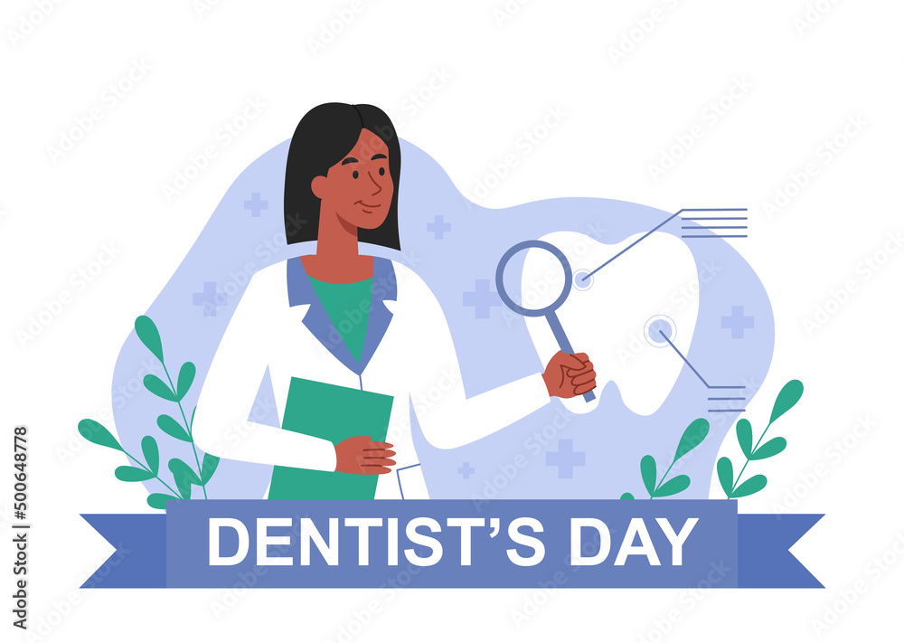 Obraz premium Dentists day concept. Girl looks at tooth with magnifying glass. Poster or banner for website, medicine and prevention of caries and diseases of dental cavity. Cartoon flat vector illustration