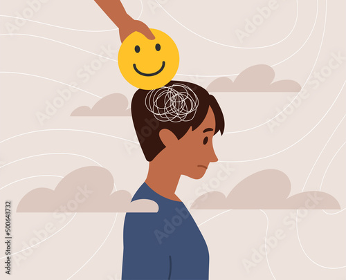Anxiety brain concept. Hand puts smiling emoji in head of man with tangle. Mental health care, help and support. Loneliness and depression, sad person, frustration. Cartoon flat vector illustration