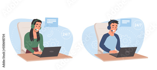Call center concept. Man and girl in headphones sitting at laptops, technical support. Employees in office answer customer questions, feedback, hot line metaphor. Cartoon flat vector illustration