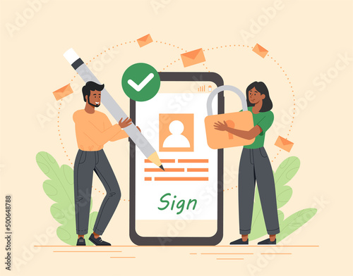 Digital signature concept. Man and girl sign on document, transactions on Internet. Digital world and modern technologies, online shopping, personal data protection. Cartoon flat vector illustration