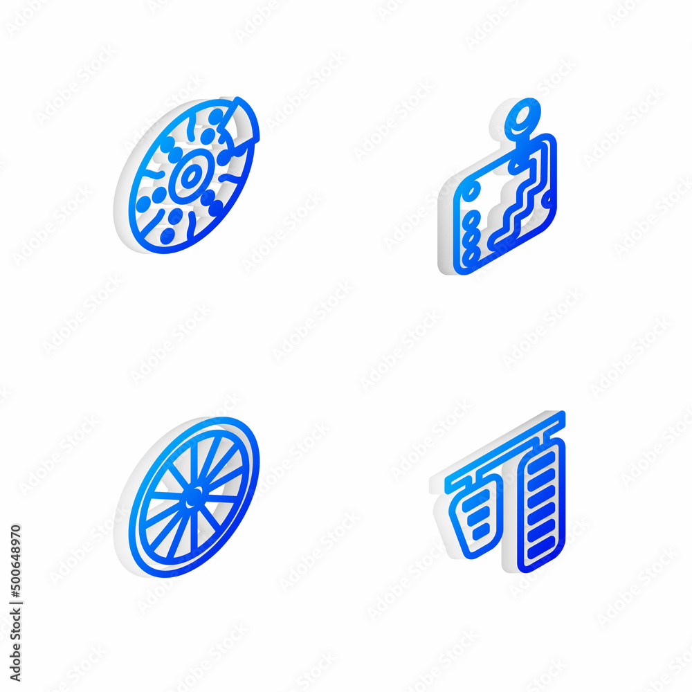 Set Isometric line Gear shifter, Car brake disk with caliper, wheel and gas and pedals icon. Vector Set Isometric line Gear shifter, Car brake disk with caliper, wheel and gas and pedals icon. Vector
