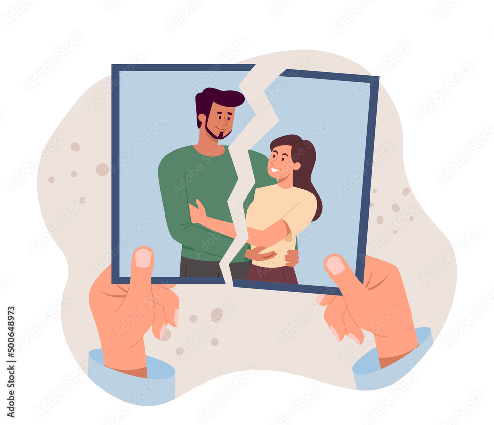 Hands torn photo. Relationship breakdown and heartbreak. Conflict and scandal, depression and frustration. Husband and wife part, young family, lost memories. Cartoon flat vector illustration