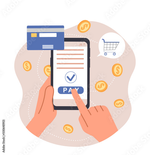 Online payment concept. Hand on smartphone conducts cashless transaction, shopping on Internet. Home delivery and modern technologies. Character with gadget or device. Cartoon flat vector illustration