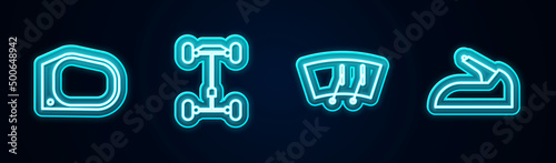 Set line Car mirror, Chassis car, Windscreen wiper and handbrake. Glowing neon icon. Vector