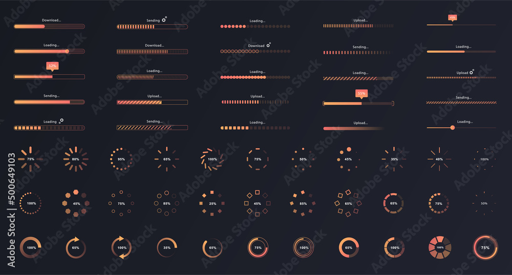 Loading big set. Collection of stripes and rotating elements. Digital world and modern technologies, progress bars for applications. Cartoon flat vector illustrations isolated on black background