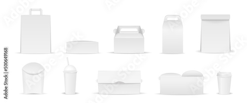 White packaging set. Collection of cardboard bags, containers and packaging for food. Delivery of products to house. Place for logo. Cartoon flat vector illustrations isolated on white background