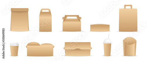 Paper packaging set. Collection of brown packaging for food and drinks. Fast food. restaurants and cafes, home delivery of products. Cartoon flat vector illustrations isolated on white background