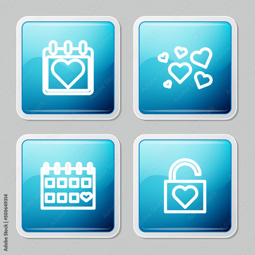 Set line Calendar with heart, Heart, and Lock and icon. Vector Set line Calendar with heart, Heart, and Lock and icon. Vector