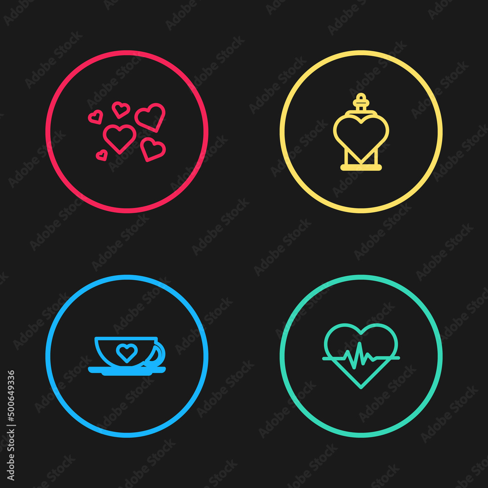 Set line Coffee cup and heart, Heart rate, Bottle with love potion and icon. Vector Set line Coffee cup and heart, Heart rate, Bottle with love potion and icon. Vector