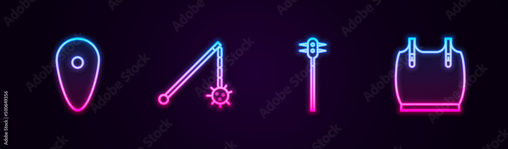 Set line Shield, Medieval chained mace ball, and Body armor. Glowing neon icon. Vector Set line Shield, Medieval chained mace ball, and Body armor. Glowing neon icon. Vector