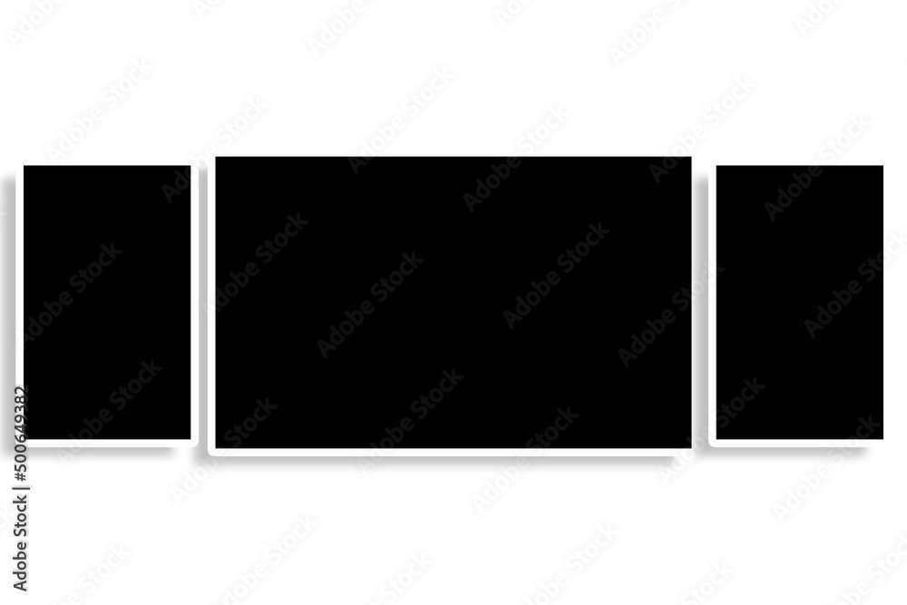 3 Rectangle photo frames in black and white colors with clean rectangular borders & a horizontal layout. Used as a collage template to place your album pictures or photographs in an old classic look.